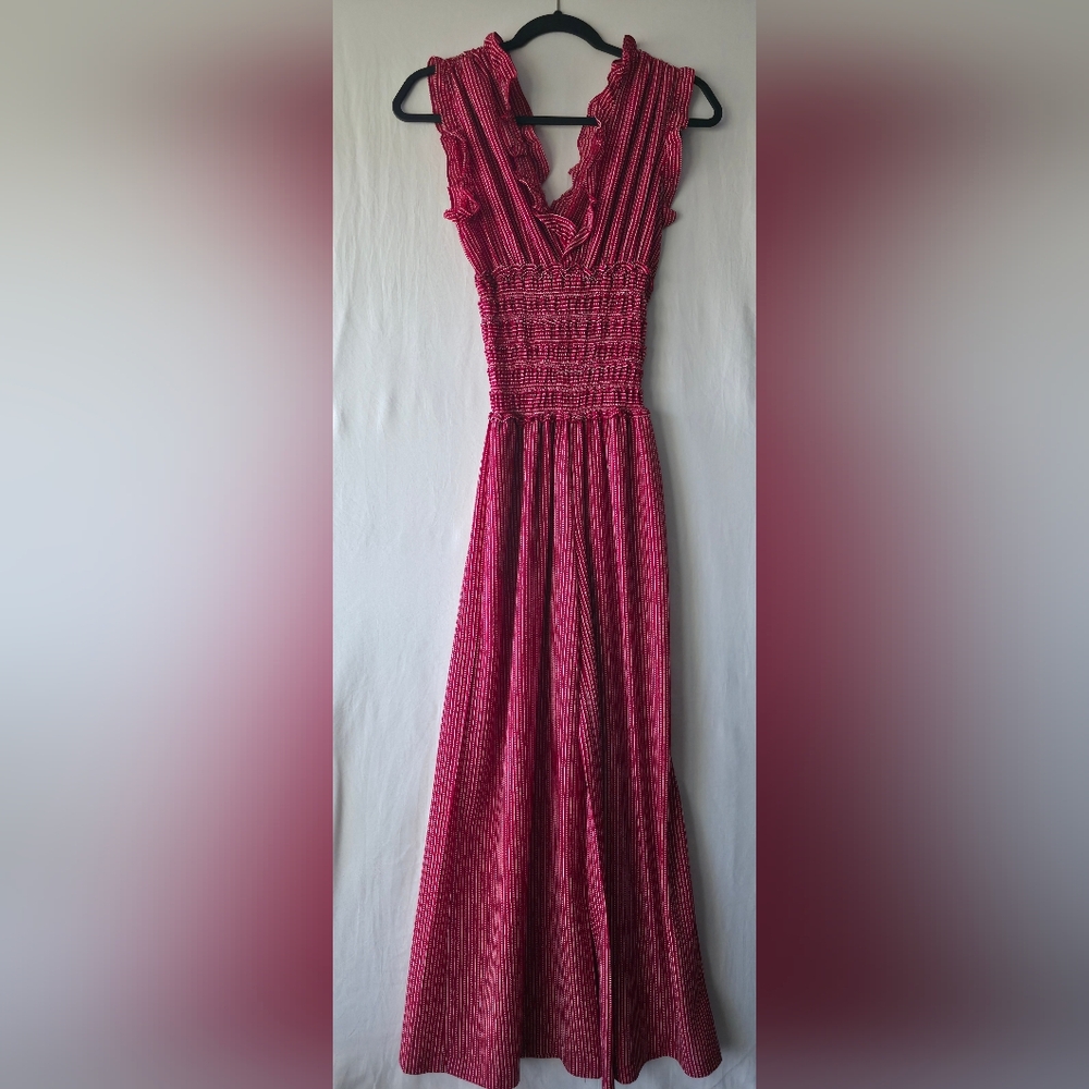 Max Studio Boho Ruffle Smocked Wide Leg Jumpsuit Red White Geometric Summer